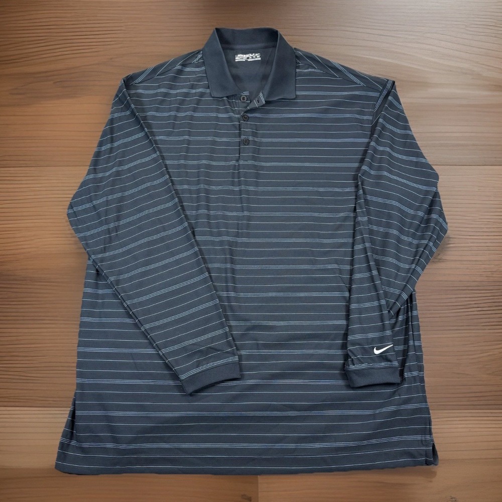 Nike Golf Polo Shirt Mens XXL Blue Dri Fit Long Sleeve Striped 324996-414